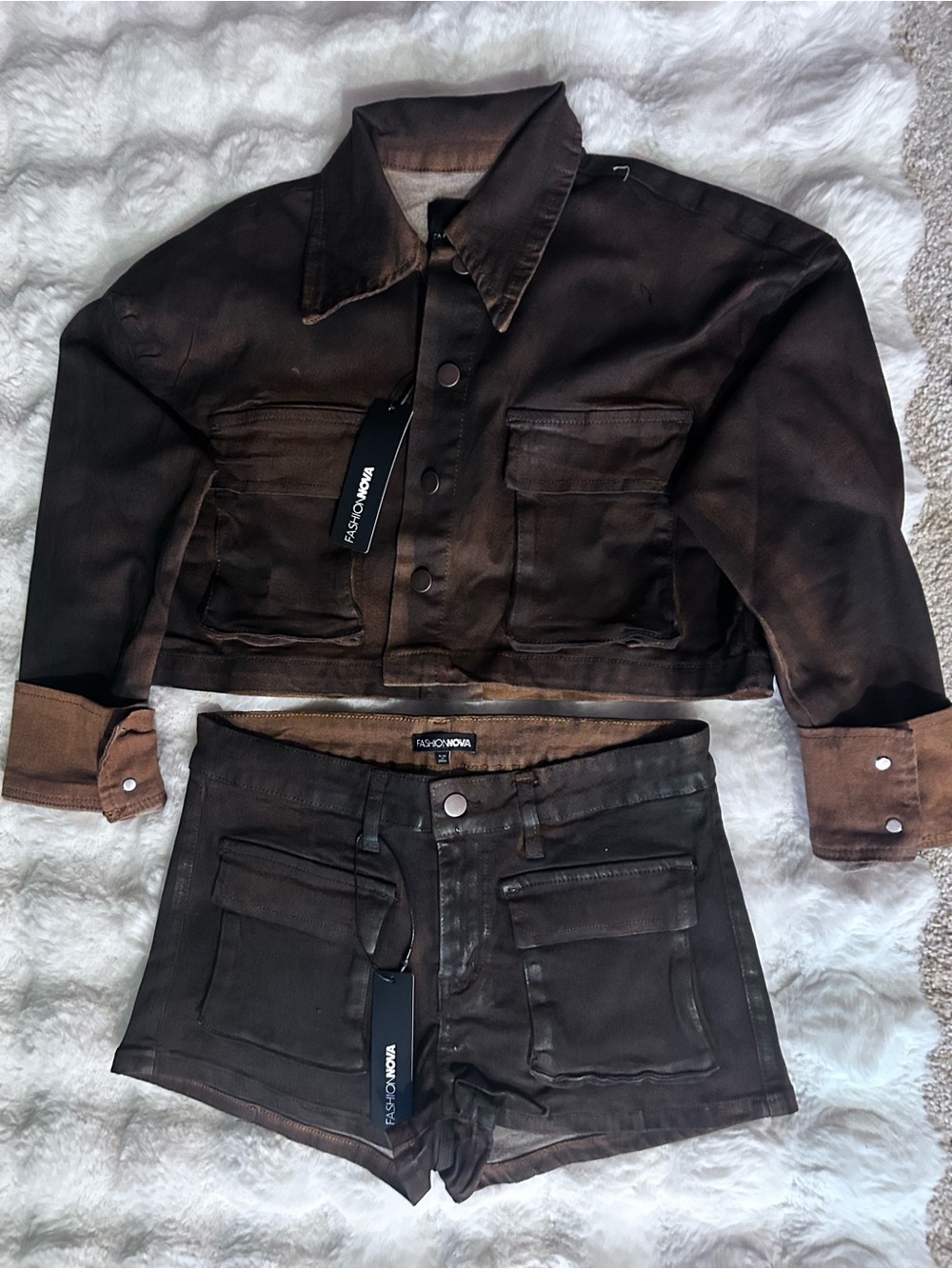 Two-Piece Brown Denim Jacket & Shorts Set - Washed Brown